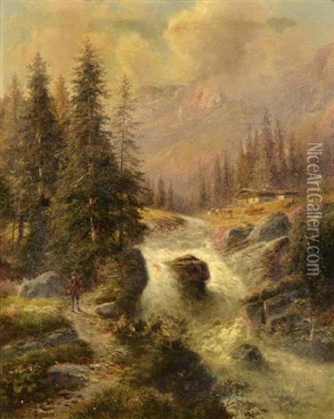 Mountain Landscape With A Huntsman Oil Painting - Gustav Barbarini
