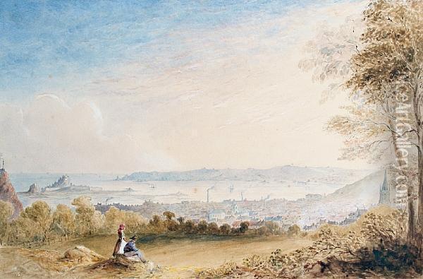 Figures On A Hill, With A View Across St Helier, Jersey, Beyond Oil Painting - Paul Jacob Naftel