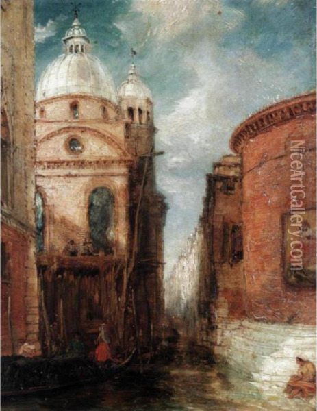 A Venetian Canal Scene Oil Painting - James Holland