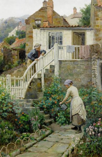 Watering The Garden Oil Painting - Ralph Hedley