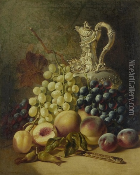 Still Life Of Fruit And Claret Jug Oil Painting - George Lance