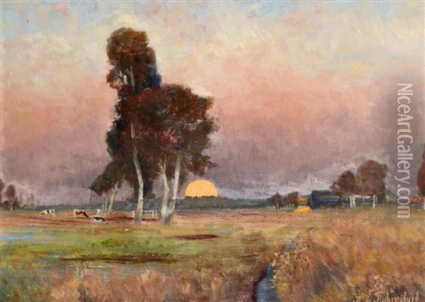 Weidelandschaft Bei Sonnenuntergang Oil Painting - Angelika von Tischendorf