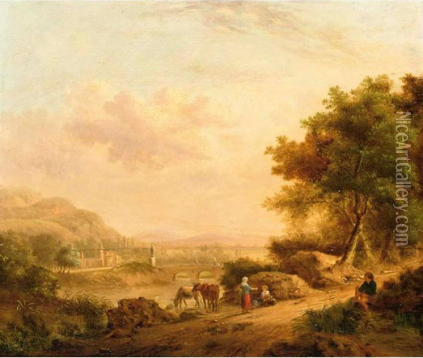 A River Landscape With Figures Resting Oil Painting - Johann Christian Vollerdt or Vollaert