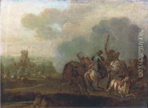 A Cavalry Skirmish, A Fortress Beyond Oil Painting - Jan von Huchtenburgh