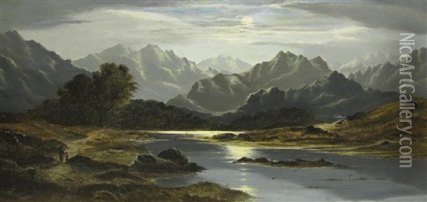 Mountainous Lake Landscape By Moonlight; And By Day (2 Works) Oil Painting - Charles Leslie