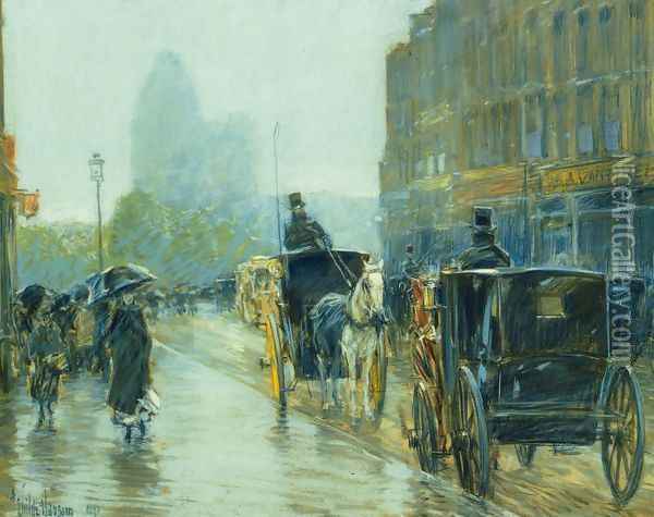 Horse-Drawn Cabs at Evening, New York Oil Painting - Frederick Childe Hassam