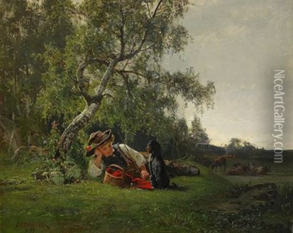 Pojke Med Hund I Landskap Oil Painting - Julius Johann Ferdinand Kronberg