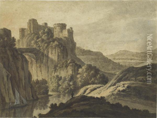 A River Landscape With A Castle On An Escarpment Oil Painting - Robert Adam