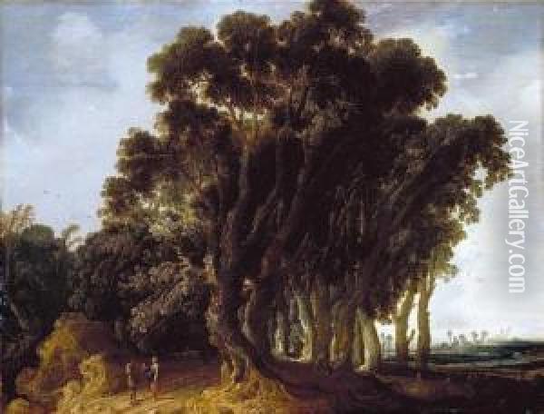 Wooded Landscape With Travellers Resting Oil Painting - Jacob van Geel