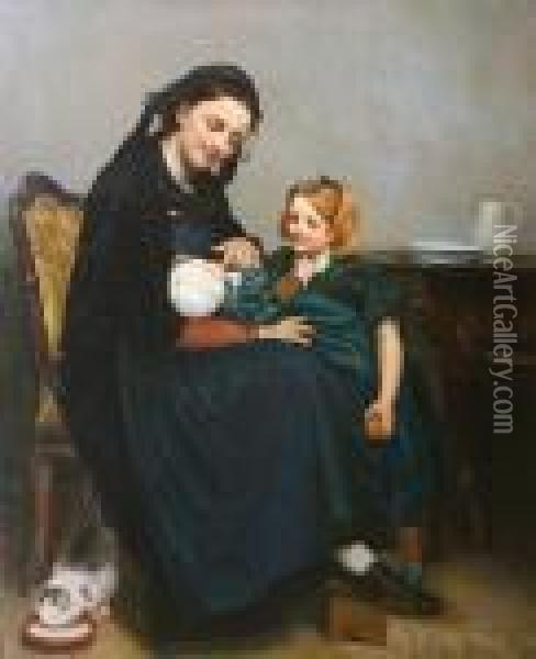 A Mother With Her Children And A Cat Oil Painting - Julius Ii Hubner