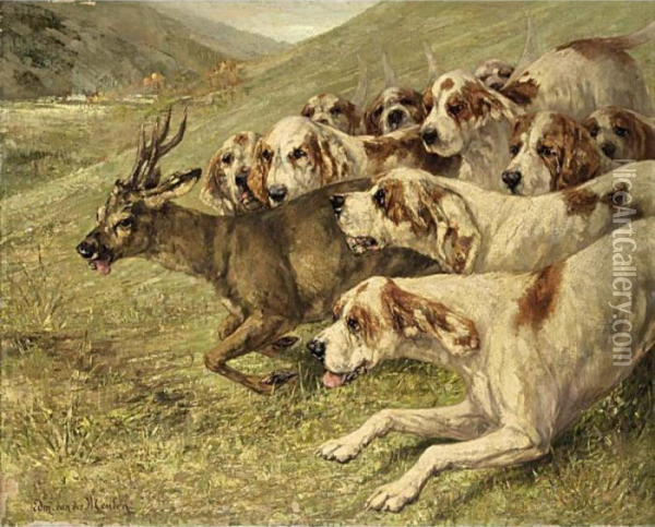The Deerhunt Oil Painting - Edmond Van Der Meulen
