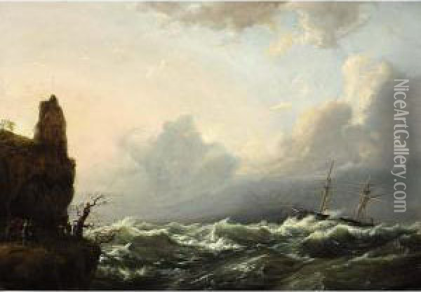 People Gathered On The Coast Watching A Boat In Stormy Weather Oil Painting - Casparus Johannes Morel