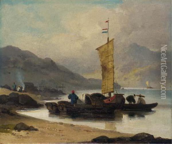 A Junk And Tanka Boats By The Shore, Macao Oil Painting - George Chinnery