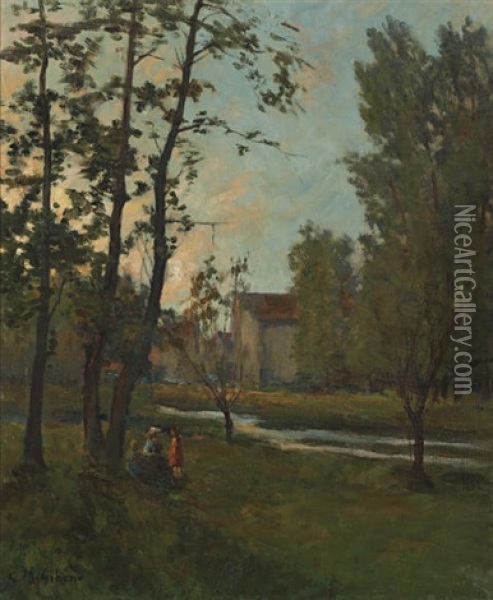 Figures By A River Oil Painting - Clarence Montfort Gihon