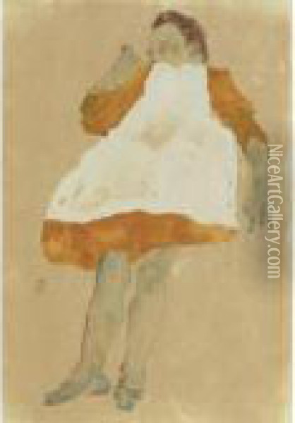 Kind In Orangefarbenem Kleid Mit Weisser Schurze Oil Painting - Egon Schiele