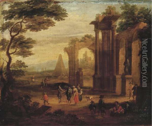 An Italianate Landscape With Figures Strolling And Resting By Aruin Oil Painting - Franz Ferg