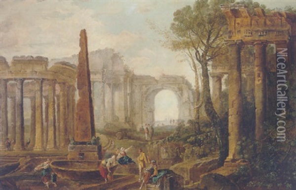 Antique Ruins With Soldiers And Other Figures Resting Beside A Fountain At The Base Of An Obelisk, An Arch Beyond Oil Painting - Hubert Robert