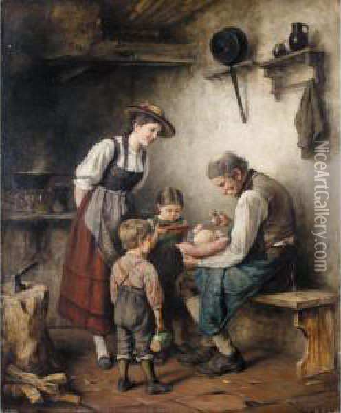 Essenszeit (feeding Time) Oil Painting - Albert Muller-Lingke