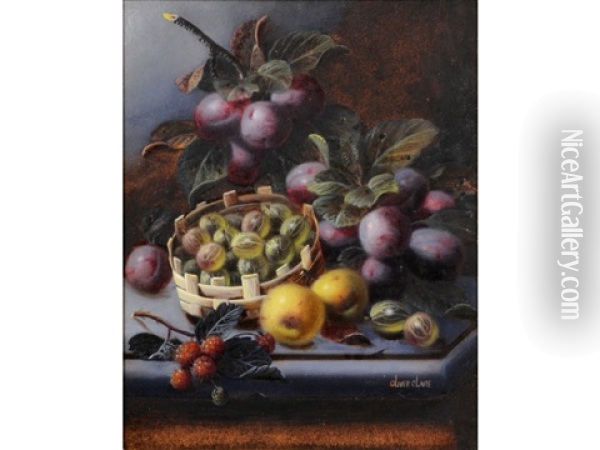 Still Life Of Plums, Gooseberries And Raspberries On A Ledge Oil Painting - Oliver Clare