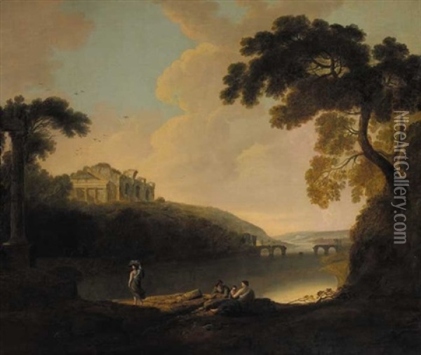 In Arcadia (italianate Landscape With Figures By A River And Ruined Acropolis In Distance) Oil Painting - Solomon Delane
