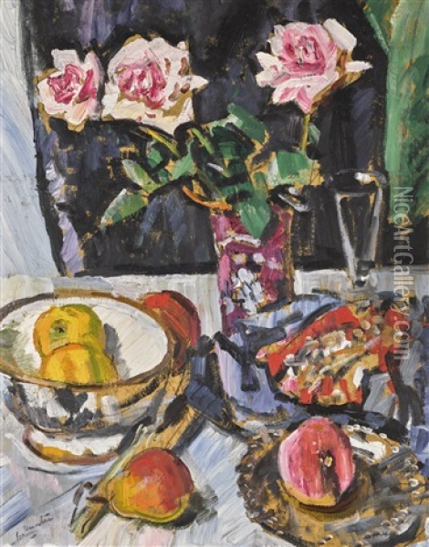 Still Life Of Pink Roses With Fruit And A Glass Oil Painting - George Leslie Hunter