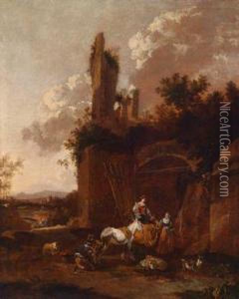 Sudliche Landschaft Mitrastenden Hirtinnen Vor Einer In Einen Stall Umgewandelten Ruine Oil Painting - Rembrandt Van Rijn