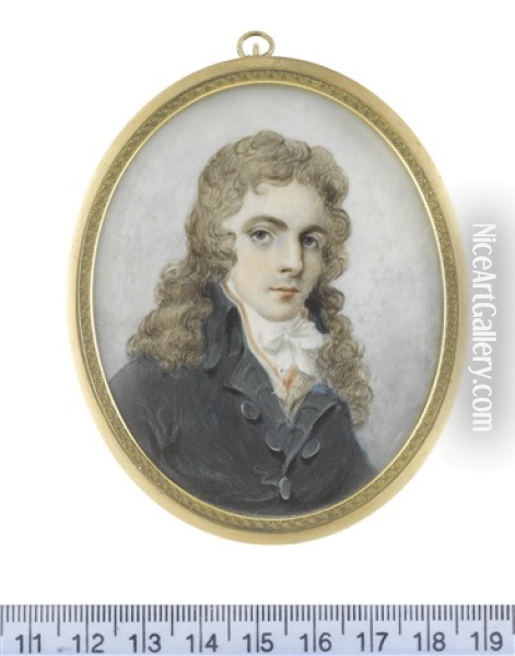 A Young Gentleman, Wearing Dark Blue Coat, White Waistcoat, Scarlet Solitaire, White Chemise, Stock And Cravat, His Long Hair Powdered Oil Painting - Henry Kirchhoffer