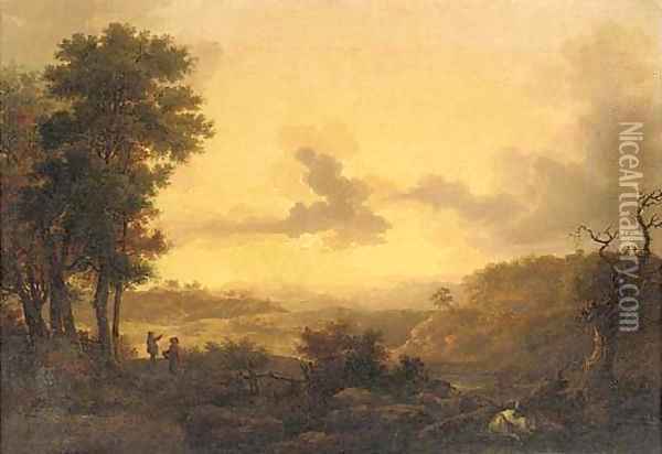 An extensive valley landscape at sunset with figures and cattle Oil Painting - Loutherbourg, Philippe de
