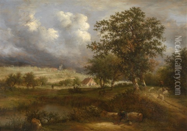 Landschaft Mit Hirten Und Ihrer Herde An Einem Teich Oil Painting - Meindert Hobbema