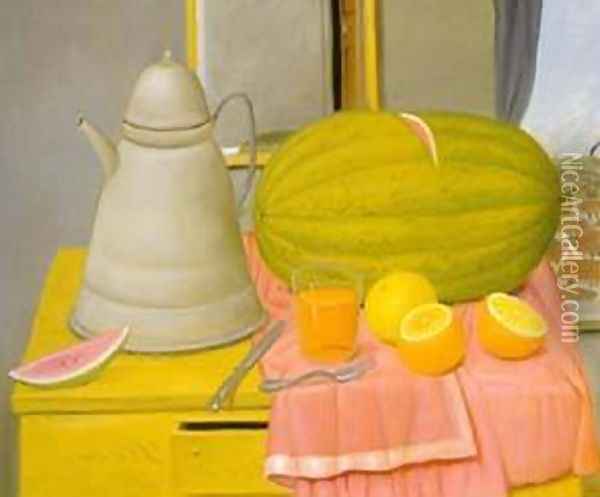 Still life With Watermelon 1992 Oil Painting - Fernando Botero