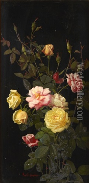 Cuttings Of Pink And Yellow Roses Oil Painting - George Cochran Lambdin