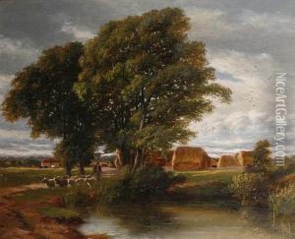 A Farmstead With A Shepherd And His Flock In The Foreground Oil Painting - Charles Walter Radclyffe
