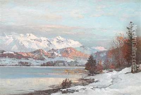 Vinterlandskab Med Morgenlys Over En So, I Baggrunden Sneklaedte Bjerge (omkring Munchen?) Oil Painting - Anders Andersen-Lundby
