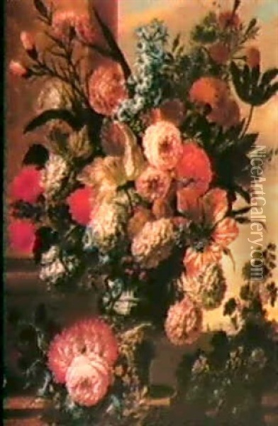 Natures Mortes Aux Vases De Fleurs Sur Un Entablement, Une  Paire Oil Painting - Jan-Baptiste Bosschaert