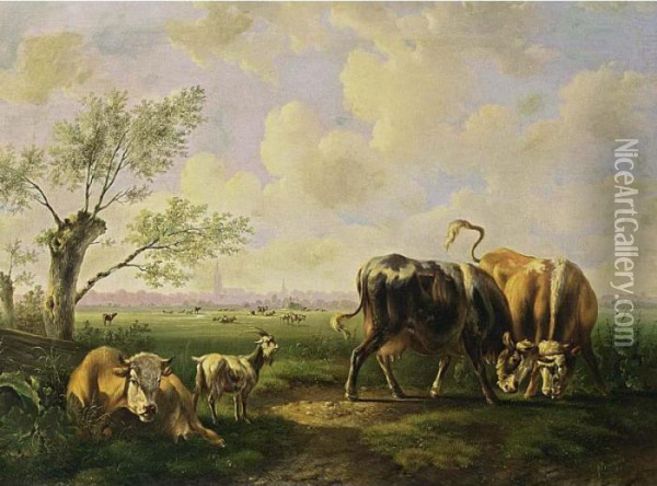 Bulls And Goats In An Extensive Summer Landscape Oil Painting - Albertus Verhoesen