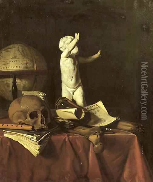A 'vanitas' with a sculpture of a putto, a globe, a skull, a bone, an hourglass, a flute and books on a draped table Oil Painting - Jan Fris