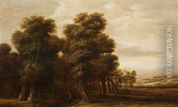 A Wooded Landscape With Travellers Oil Painting - Jacob van Geel