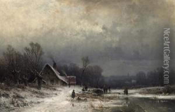 Winterly River Landscape Oil Painting - August Schliecker