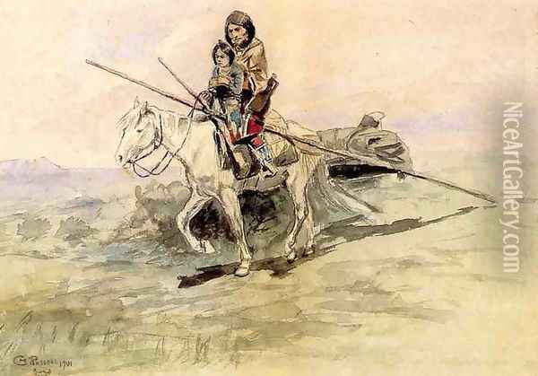 Indian on Horseback with a Child Oil Painting - Charles Marion Russell