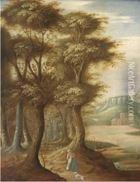 A Wooded Landscape With A Woman And A Dog On A Track Oil Painting - Abraham Govaerts