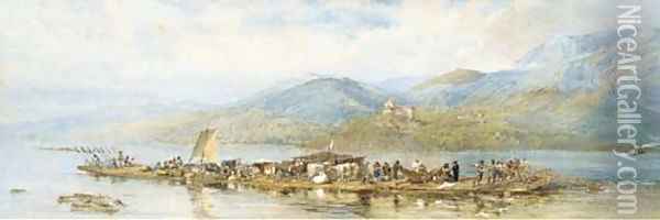 A raft on the Danube Oil Painting - English School