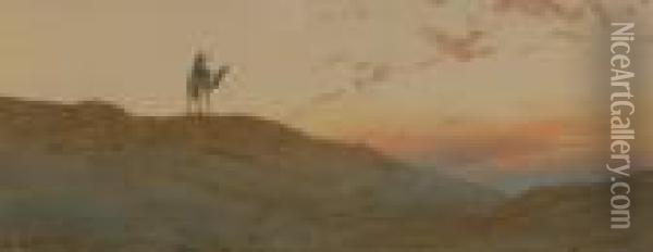 Camel Rider In The Desert At Sunset Oil Painting - Augustus Osborne Lamplough
