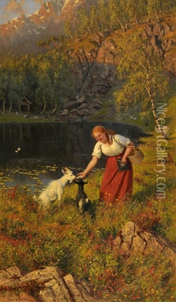 Madchen Zwei Zicklein Futternd Oil Painting - Hans Dahl
