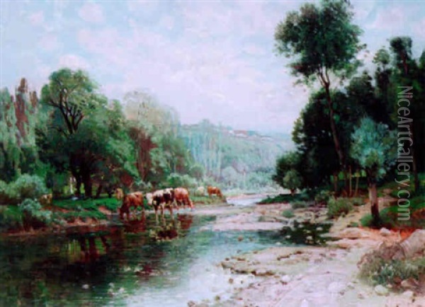 Cattle Watering By A River Oil Painting - Joseph Million