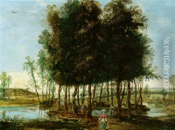 A River Landscape With Figures In A Spinney Oil Painting - Isaac Van Oosten