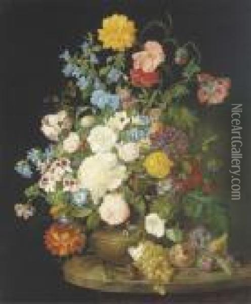 A Vase Of Camelias, Pansies, Dahlias, Roses And Poppies Oil Painting - Franz Xaver Petter