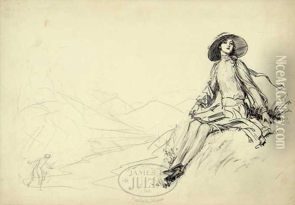 Unfinished Sketch: Girl On Hill Oil Painting - Charles Dana Gibson