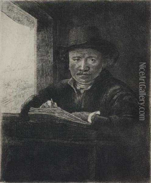 Self Portrait Drawing At A Window Oil Painting - Rembrandt Van Rijn