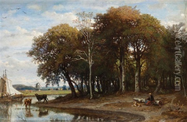 Berger Au Bord De La Riviere Et Moulin A Vent Oil Painting - Felix-Hippolyte Lanoue