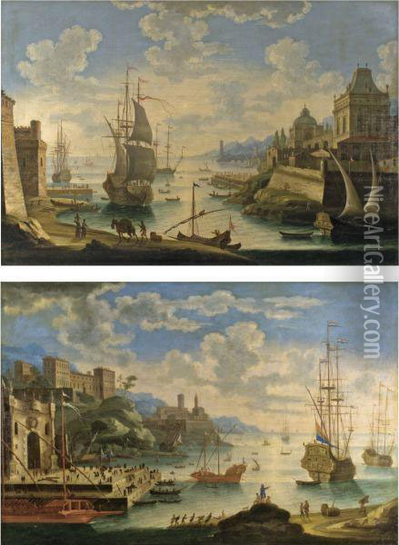 A Mediterranean Coastal Capriccio Landscape With A Large Palaceoverlooking A Harbour Oil Painting - Alessandro Grevenbroeck